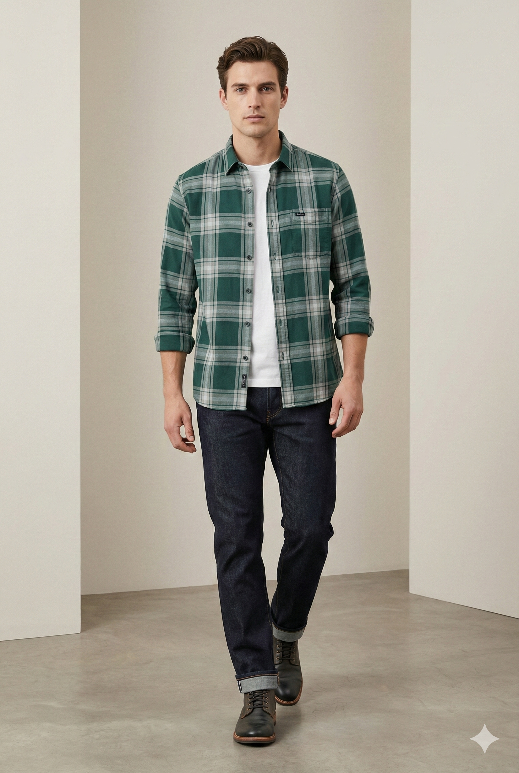Rocck’z Men’s Casual Green & Grey Plaid Checkered Shirt - 25680